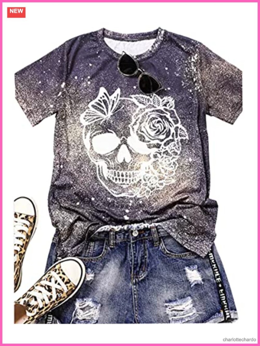 Cotton Blend Skull Floral Graphic Tee Short Sleeve Casual Top